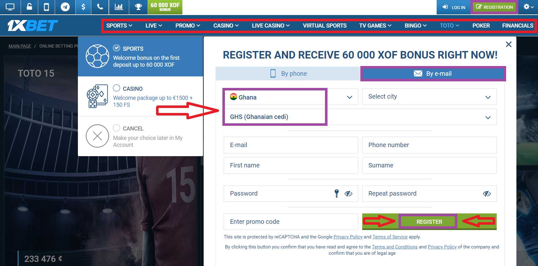 1xBet registration Ghana via email
